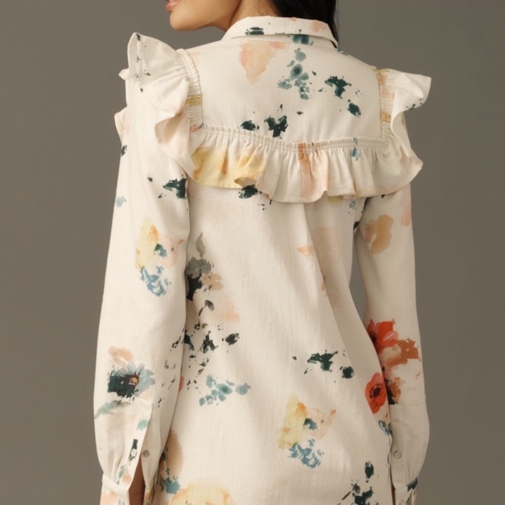 Anthropologie Pilcro Floral Ruffle Neck Shirt Dres Oyster Pattern XXS New W/ Tag - Picture 3 of 8